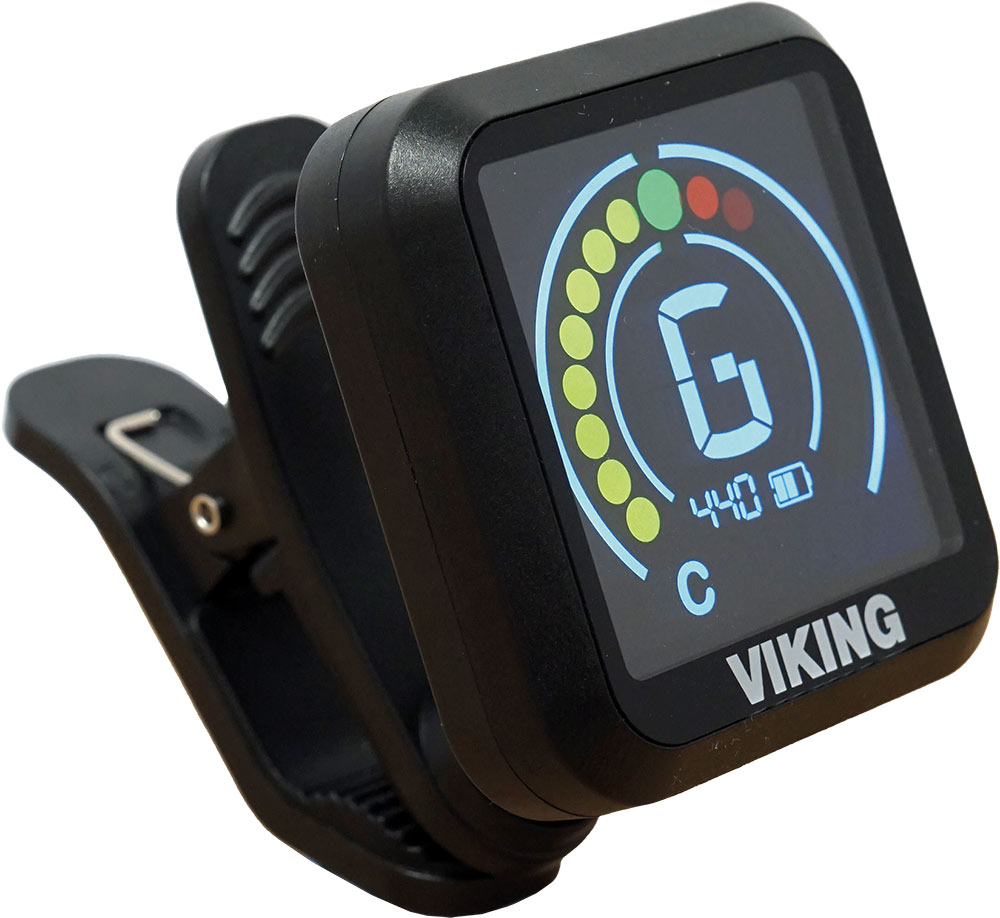 Viking VT-75 Clip On Tuner, Rechargeable Rechargeable lithium-ion battery. 10 hour battery life, 10min auto shut off