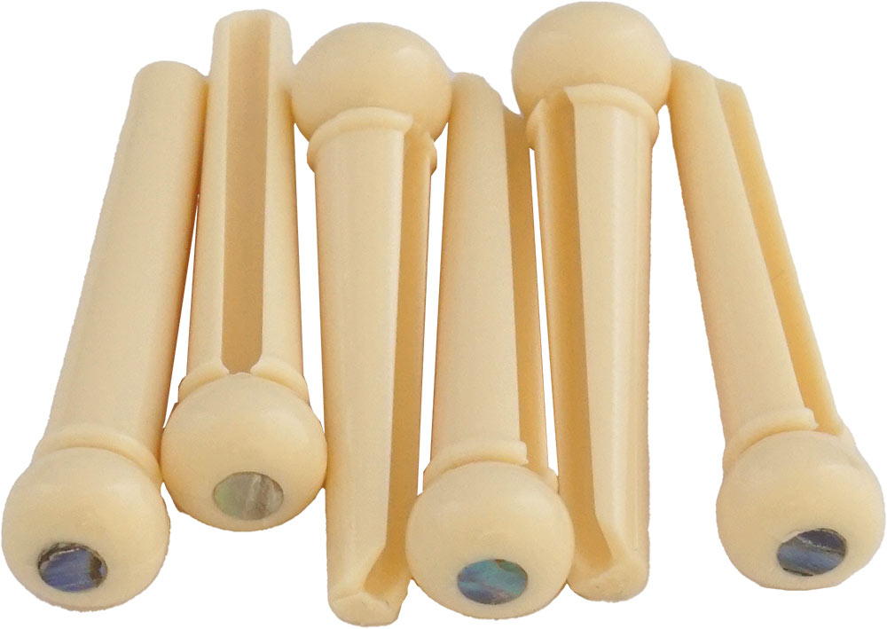 Viking VS-5204C Cream Bridge Pins, Abalone Dot Set of 6 pins with abalone dot. Suitable for most acoustic guitars