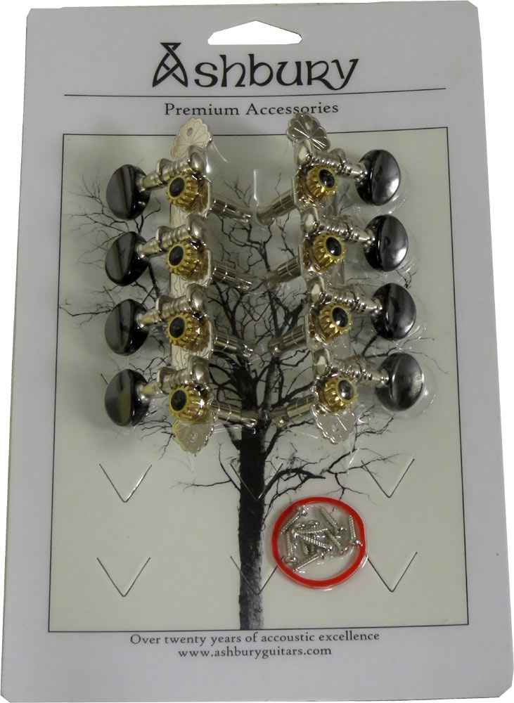 Ashbury AS-2016 Mandolin Machine Heads, Nickel Set of nickel plated strip machine heads with black buttons. A style