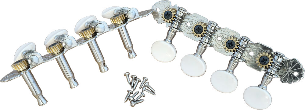 Viking VS-3119C A Style Machine Heads, Chrome Strip machine head with small white plastic buttons and brass cogs