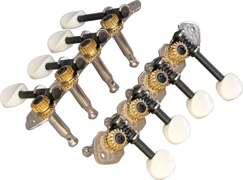 Viking VS-3122C F Style Machine Heads, Chrome Strip machine heads with white plastic buttons, black rods and brass cogs