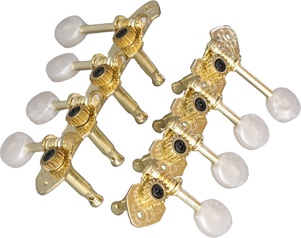 Viking VS-3122G F Style Machine Heads, Gold Strip machine heads with pearloid buttons and brass cogs