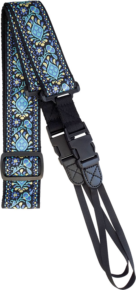 Viking VBS-63 Cotton Banjo Strap.Blue Flower Woven cotton. Webbing bracket loops with Delrin side clips