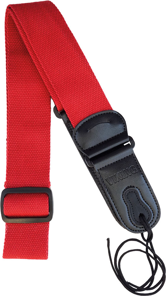 Viking VGS-60R Cotton Guitar Strap, Red Woven cotton, with stamped leather ends and pocket for your picks