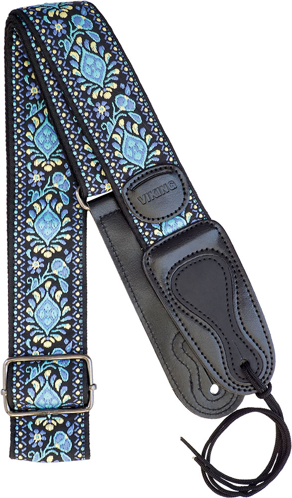 Viking VGS-63 Cotton GuitarStrap.Blue Flower Woven cotton, with stamped leather ends and pocket for your picks