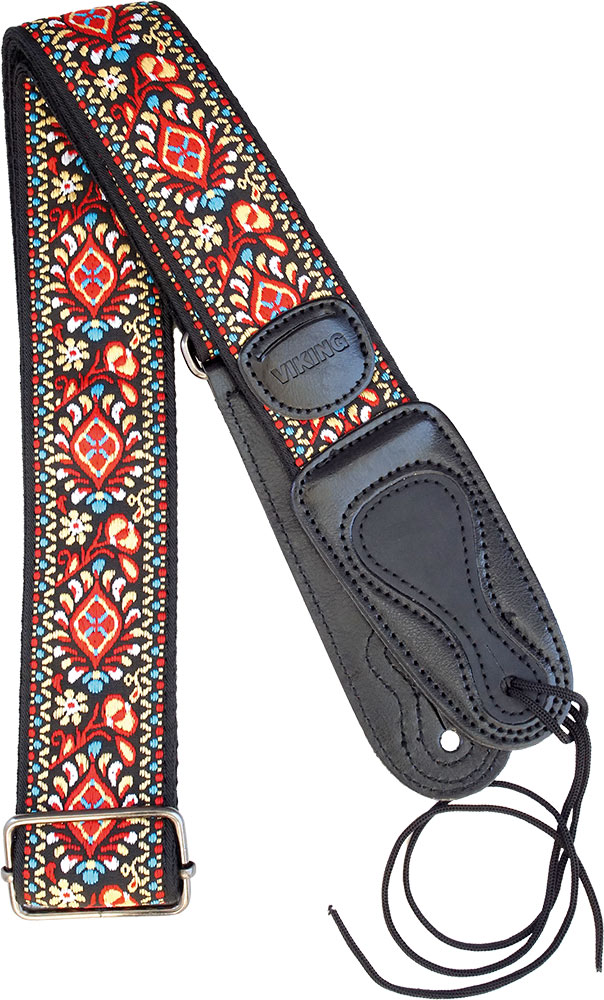 Viking VGS-64 Cotton Guitar Strap.Red Flower Woven cotton, with stamped leather ends and pocket for your picks