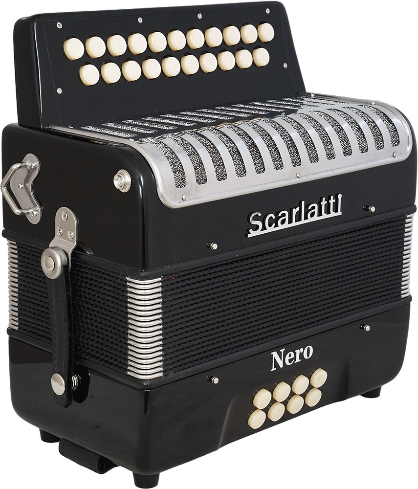 Scarlatti Nero D/G Melodeon 21 treble buttons, 8 bass buttons. Bass stop to remove the thirds