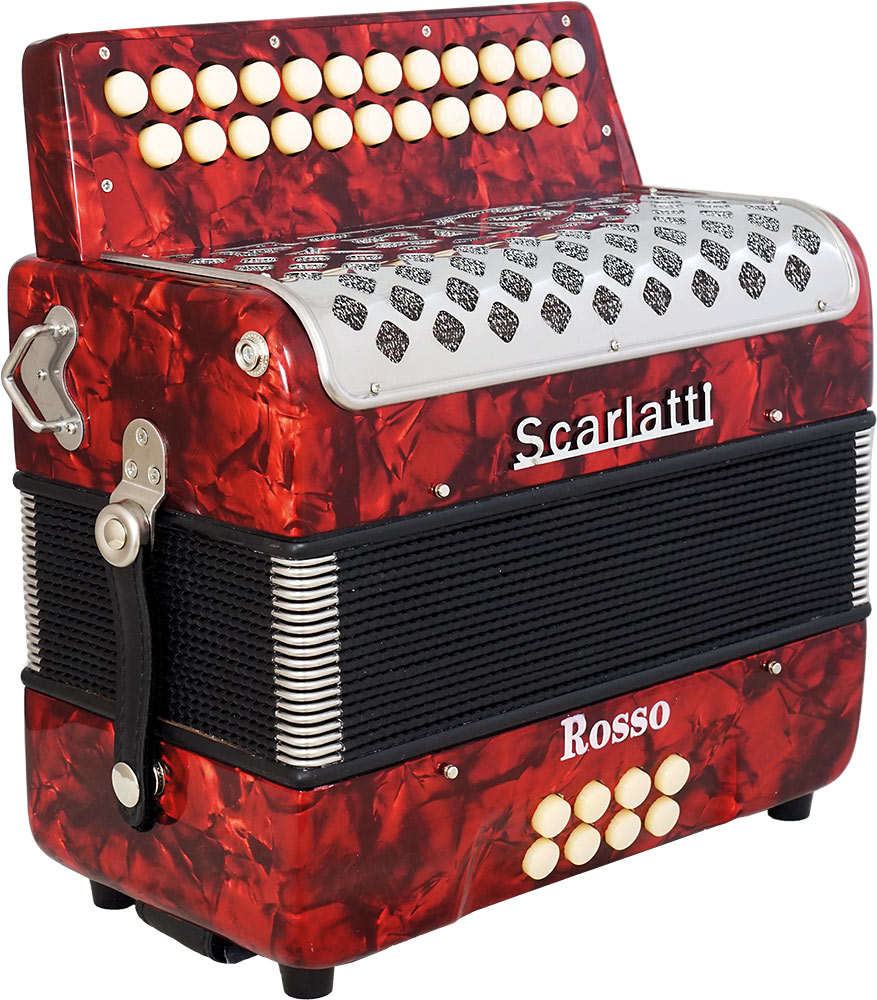 Scarlatti Rosso B/C Melodeon 23 treble buttons, 8 bass buttons. Bass stop to remove the thirds