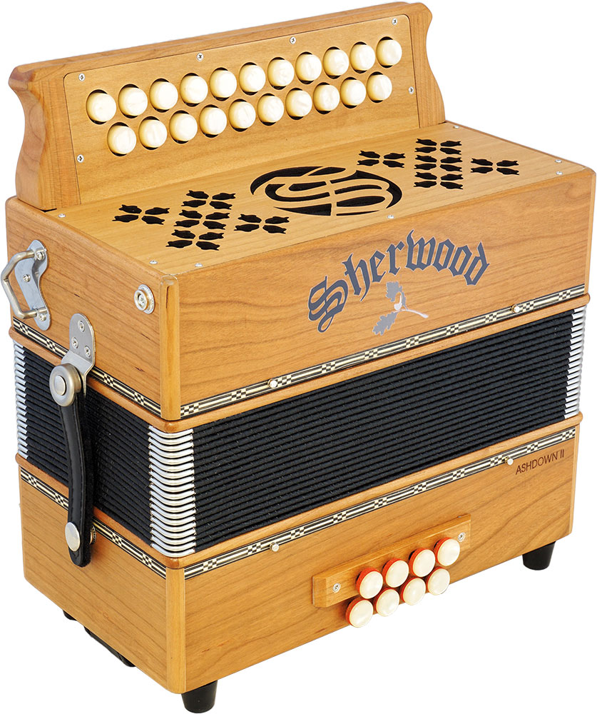 Sherwood Ashdown II D/G Melodeon. 2 Voice 21 treble buttons. 2 voice. 8 bass buttons with bass stop