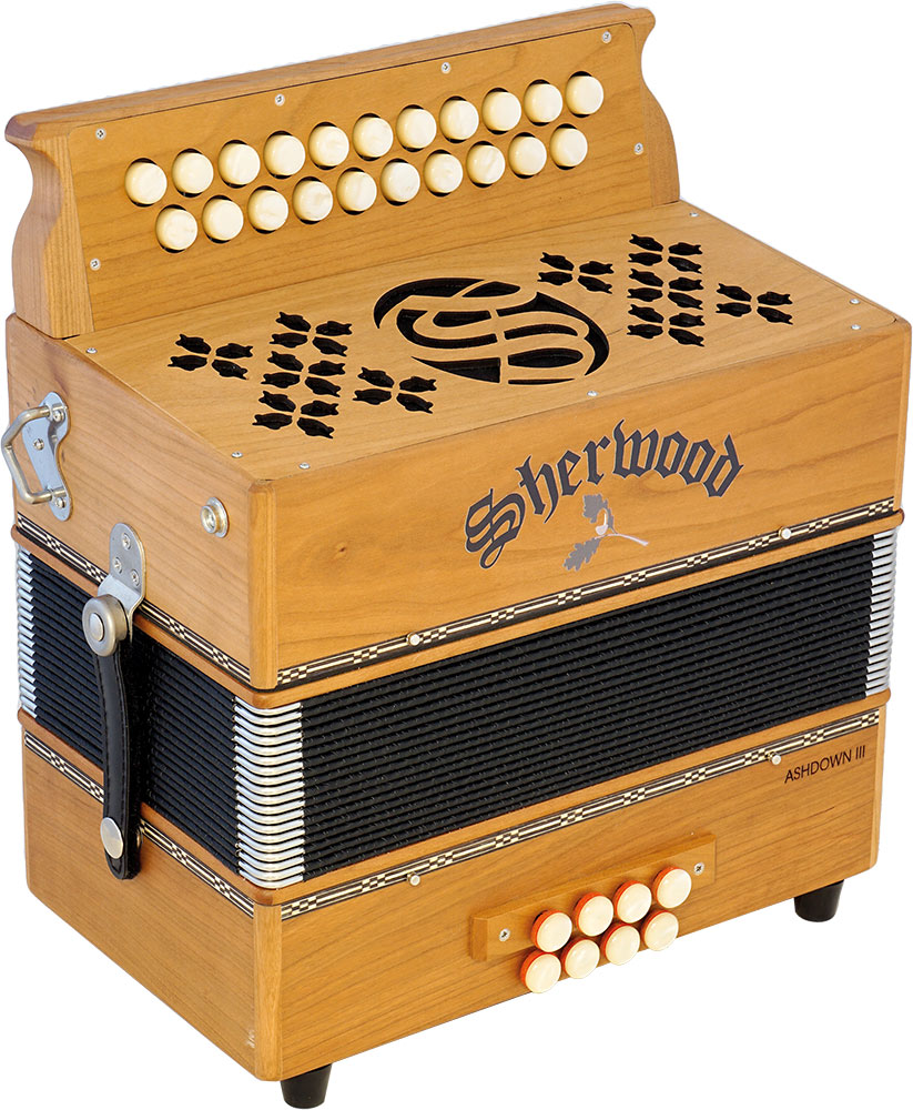 Sherwood Ashdown III D/G Melodeon. 3 Voice 21 treble buttons. 3 voice with treble stop. 8 bass with bass stop